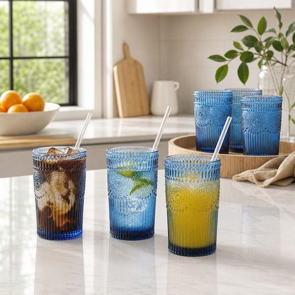 Wudkey Vintage Glassware Set of 6 in Blue, 13 oz Textured Flower Design, Embossed Striped Drinking Glasses