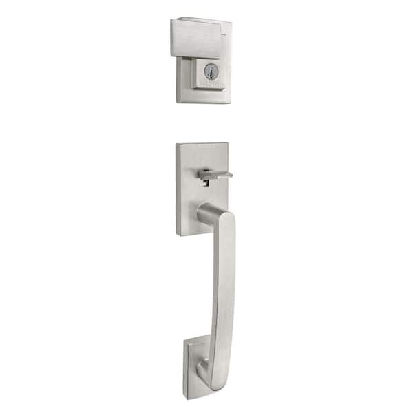 Prestige Spyglass Single Cylinder Satin Nickel Door Handleset with Square Spyglass Door Handle Feat SmartKey Security