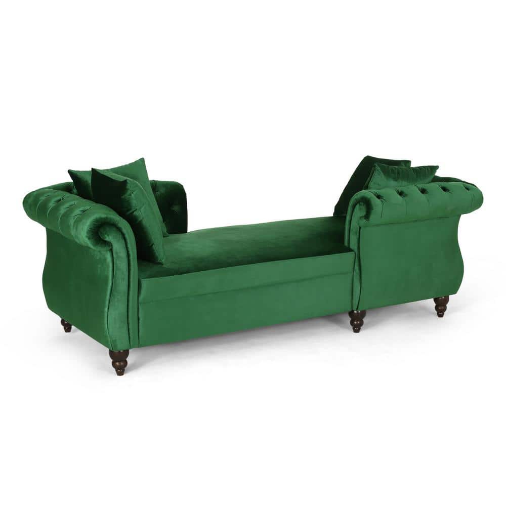 Noble House Sonne Emerald and Dark Brown Velvet Tufted Tete-a-Tete Chaise Lounge with Accent Pillows, Dark Brown/Emerald -  105715