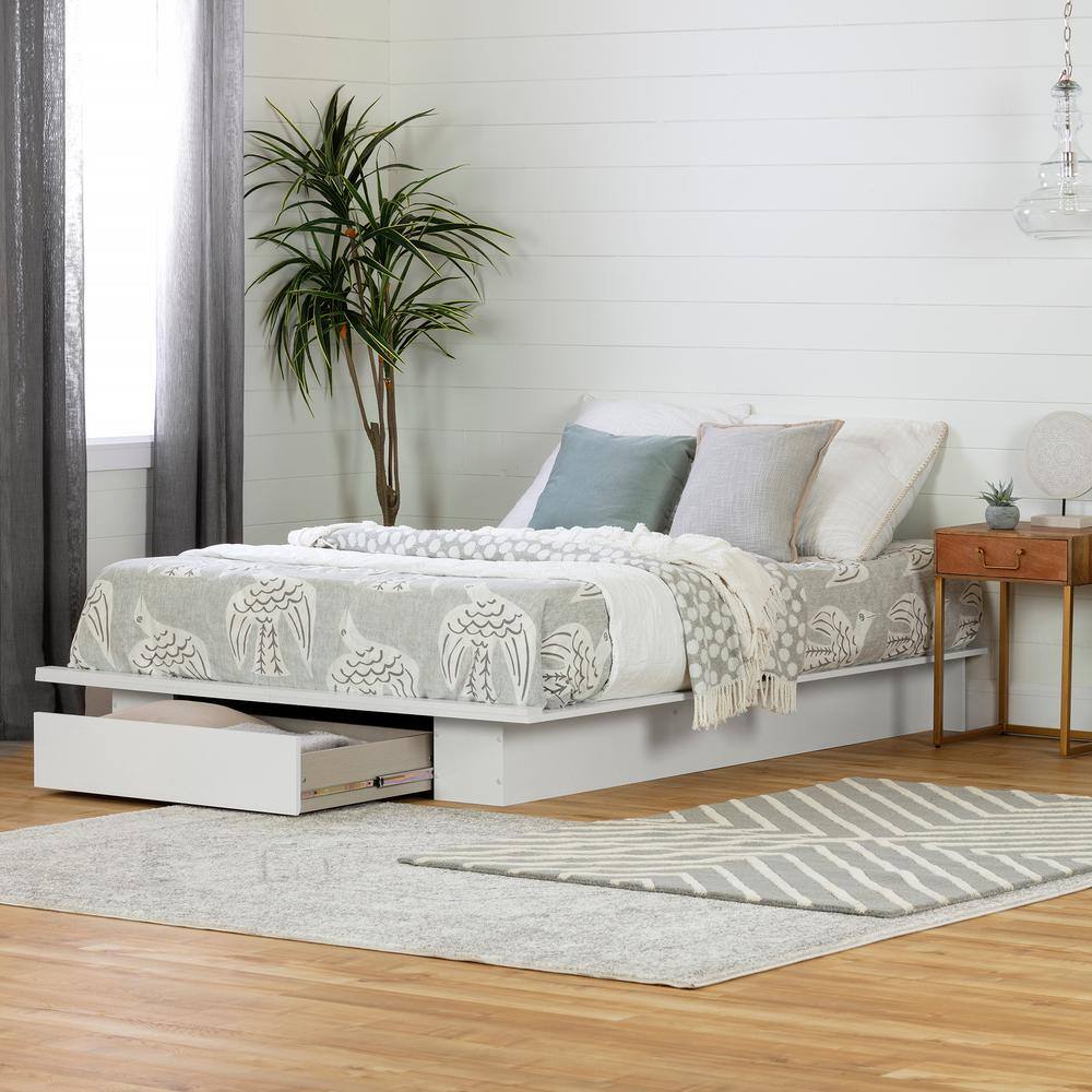 White Queen Platform Bed with Single Drawer