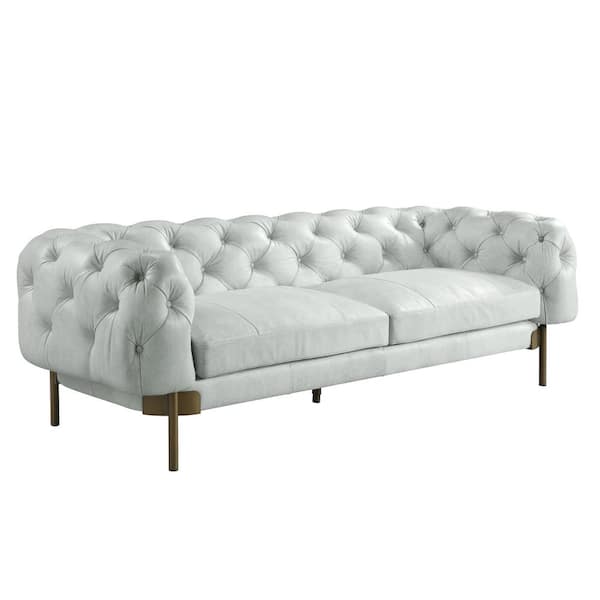 HomeRoots Amelia 96 in. Rolled Arm Leather Rectangle Nailhead Trim Sofa in White