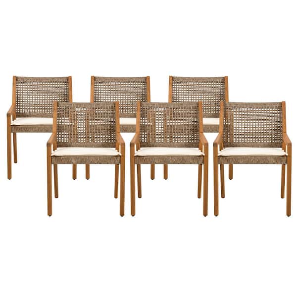 6-Piece Brown Acacia Wood Wicker Dining Chairs with Cream Cushion