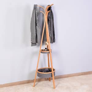 Natural Bamboo Freestanding Coat Rack with Storage Rack for Living Room/Bedroom
