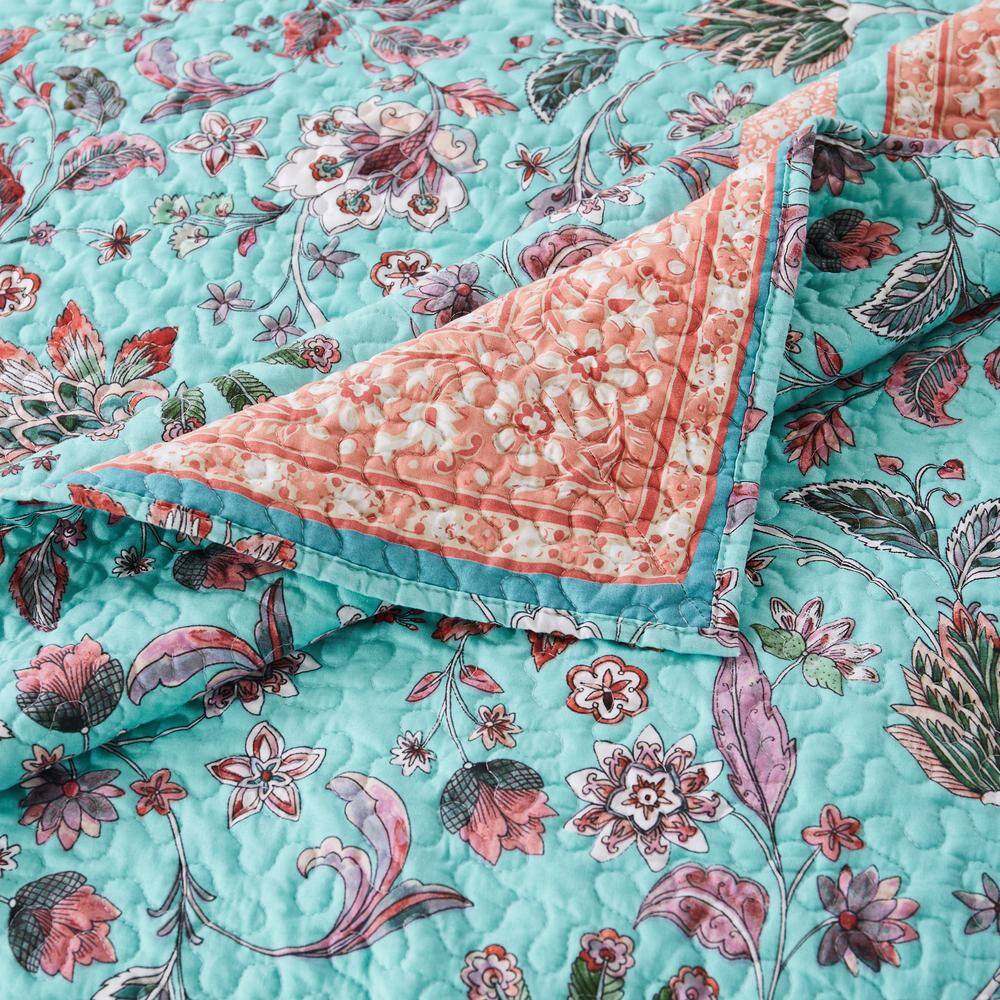 Turquoise and Coral Reversible Full Microfiber Quilt Set