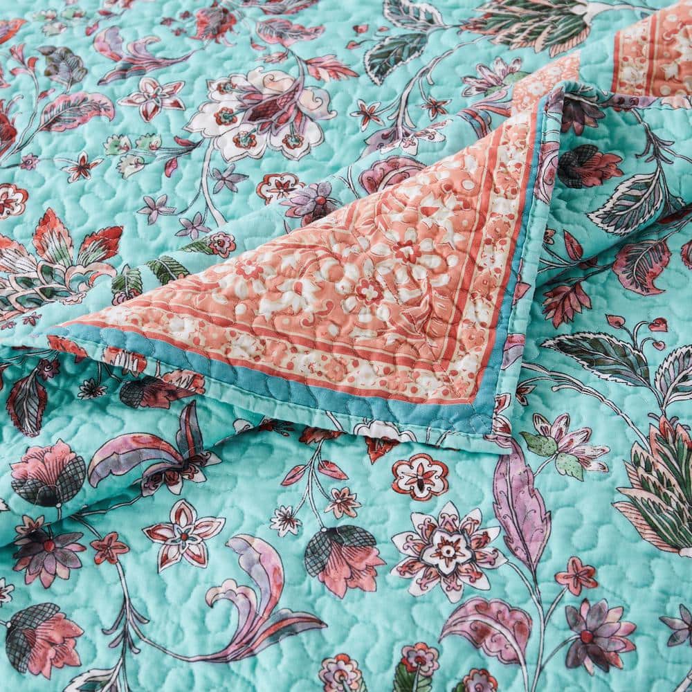 Turquoise and Coral Twin Microfiber Reversible Quilt Set