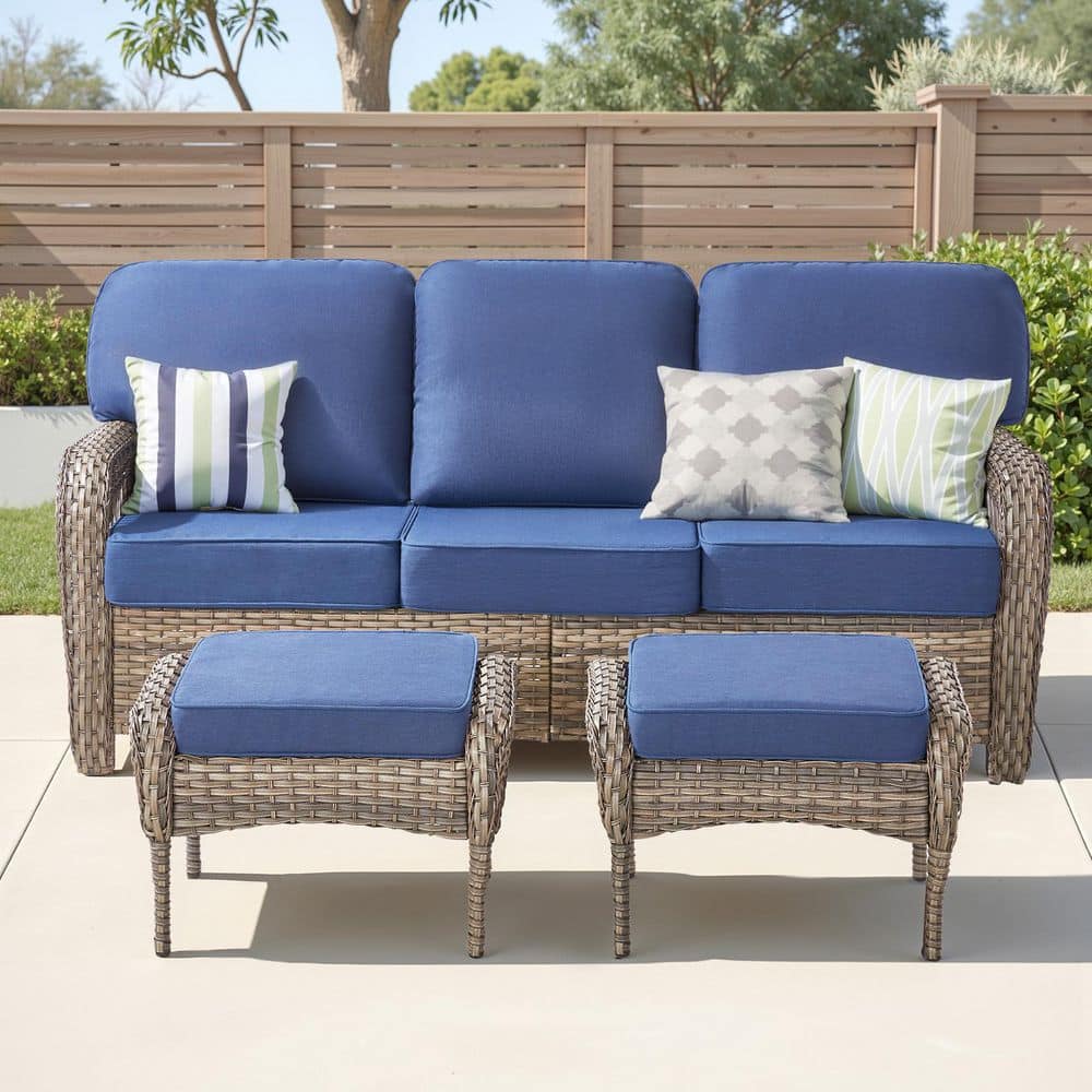 Tyber 3-Piece Gray Wicker Outdoor Sofa Furniture Set Patio Sectional Rattan Couch with 5 in. Blue Cushions, Ottomans price history on PriceWatchPro
