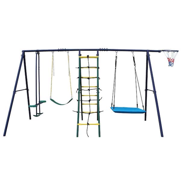 Multicolor 6 in 1 Swing Set with Climbing Ladder, Climbing Net, Glider, Hammock Swing, Belt Swing, Basketball hoop