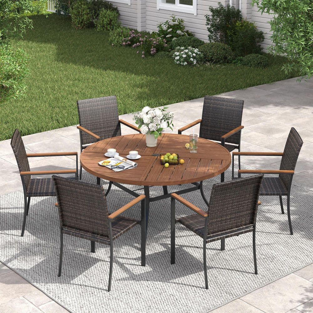 7-Piece Metal Outdoor Dining Set with 50 in. Walnut Round Dining Table and 6-Brown Wicker Stackable Dining Chairs price history on PriceWatchPro