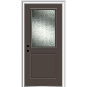 32 in. x 80 in. Right-Hand/Inswing Rain Glass Brown Fiberglass Prehung Front Door on 4-9/16 in. Frame
