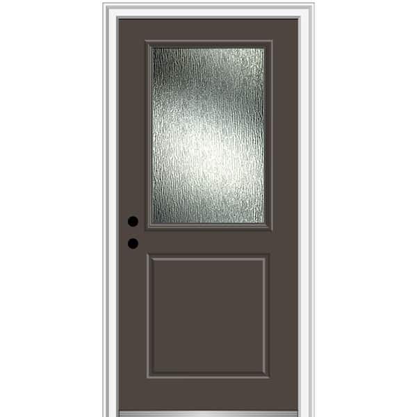 MMI DOOR Rain Glass 32 in. x 80 in. Right-Hand/Inswing 1/2-Lite Painted Brown Fiberglass Prehung Front Door on 4-9/16 in. Frame