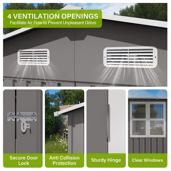 10 ft. W x 14 ft. D Metal Shed with Three Lockable Doors and Clear Window, Durable Garden Sheds in Grey (138 sq. ft. )