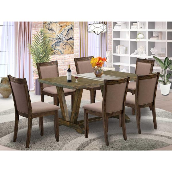 East West Furniture 7-Piece Distressed Jacobean Finish Solid Wood Top Dining Table with 6-Chairs with Lattice Back