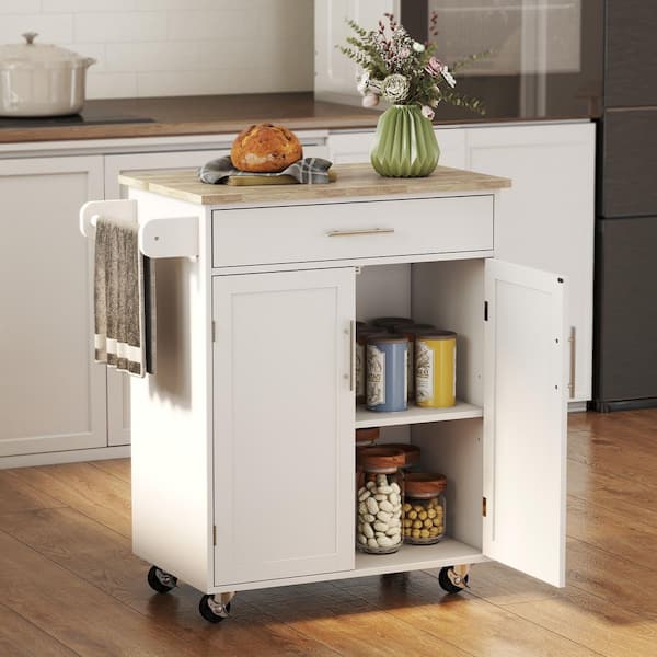 White Rolling Kitchen Island Cart with Drawer, Interior Cabinet and Towel Rack