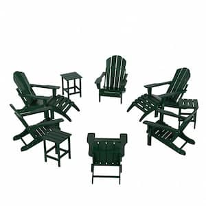 Addison Dark Green 12-Piece HDPE Plastic Folding Adirondack Chair Patio Conversation Seating Set with Ottoman and Table