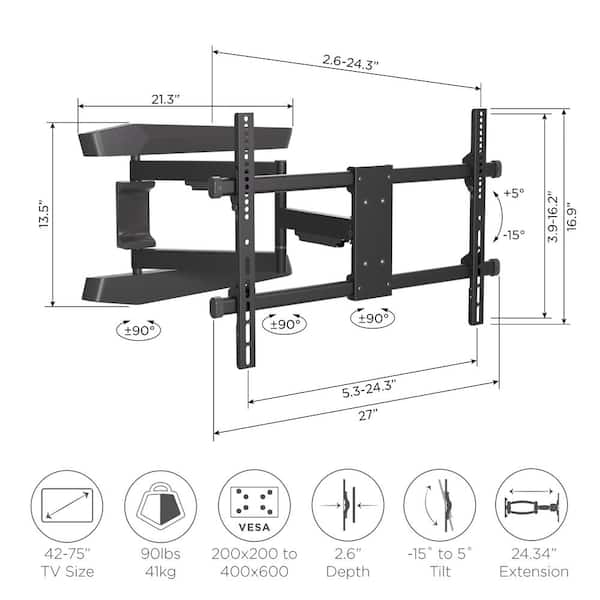 ProMounts Tilting TV Wall Mount Kit for 42-75 in. upto 100lbs. VESA 200x200  to 600x400, Includes HDMI Cable, Screen Cleaner, Cloth LTMK - The Home Depot