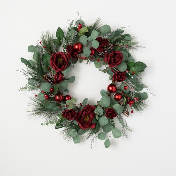SULLIVANS 22 in. Green Unlit Eucalyptus And Rose Artificial Christmas Wreath
