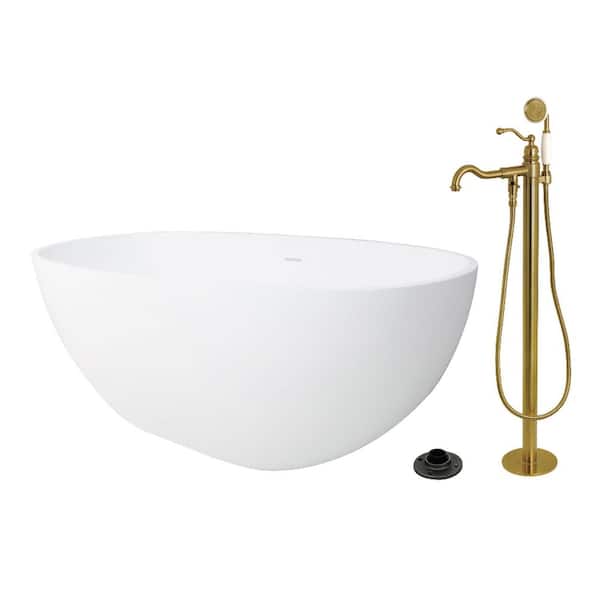 Arcticstone 64.9 in. x 31.9 in. Surface White Stone Flatbottom Soaking Freestanding Bathtub in White/Brushed Brass