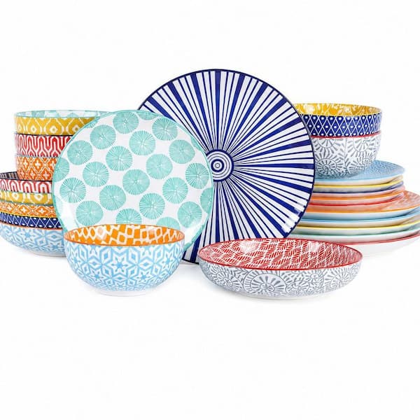 24-Piece Multi-colored Ceramic Dinnerware Set,Scratch Resistant, Dishwasher and Microwave and Oven Safe, (Service for 6)