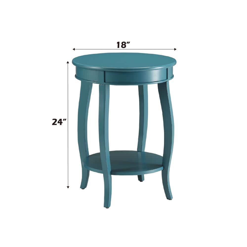 Teal Round Wooden Aberta Side Table with Stylized Legs and Shelf