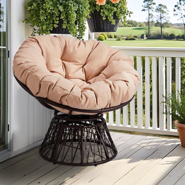 Brown Wicker Papasan Chair Set of 1 with Beige Cushion