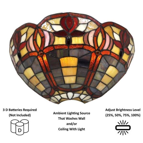 It's Exciting Lighting 7-Light Stained Glass Half Moon Battery Operated LED Sconce with 3 Flowers