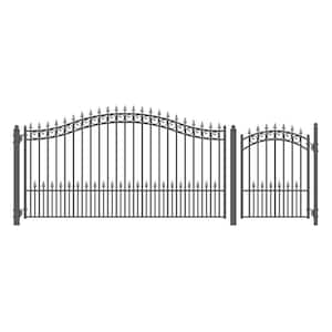 19 ft. x 14 ft. x 6 ft. x 5 ft. Black Steel Single Swing Driveway Gate Prague Style with Pedestrian Gate Fence Gate