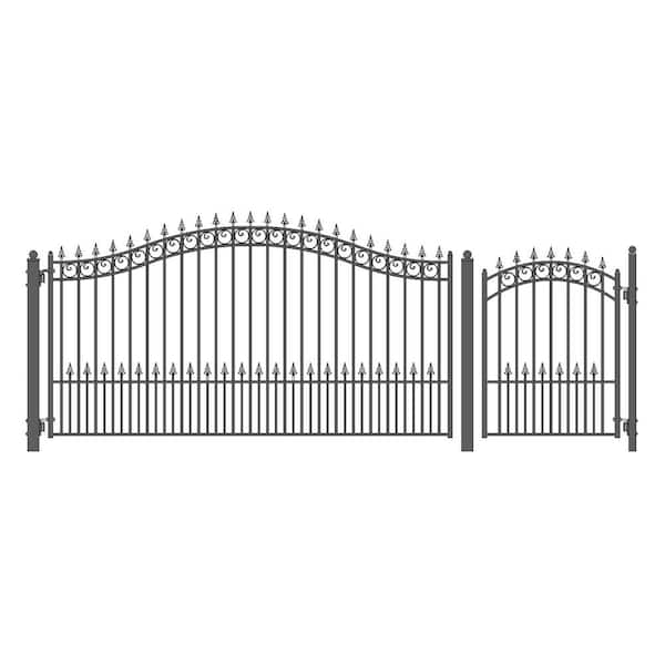 ALEKO 19 ft. x 14 ft. x 6 ft. x 5 ft. Black Steel Single Swing Driveway Gate Prague Style with Pedestrian Gate Fence Gate