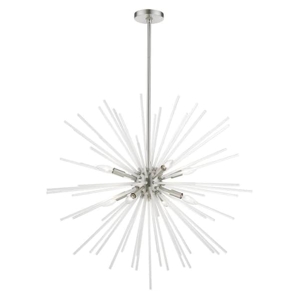 Uptown 8-Light Brushed Nickel Large Sputnik Foyer Chandelier with Acid Etched Rods