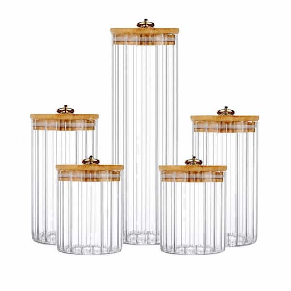Glass Storage Jars, Set of 5, with Airtight Bamboo Lids and Metal Rings for Kitchen and Bathroom Organization
