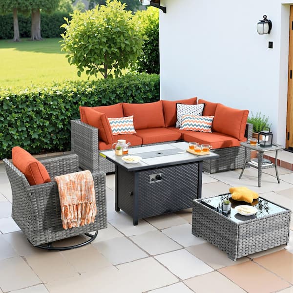 HOOOWOOO Messi Gray 8-Piece Wicker Outdoor Patio Conversation Sofa Fire Pit Set with a Swivel Chair and Orange Red Cushions