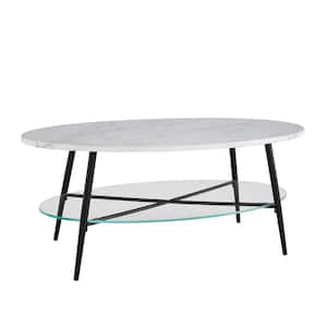 42 in. White Faux Marble Wood and Black Metal Glam Oval Coffee Table with Lower Glass Shelf