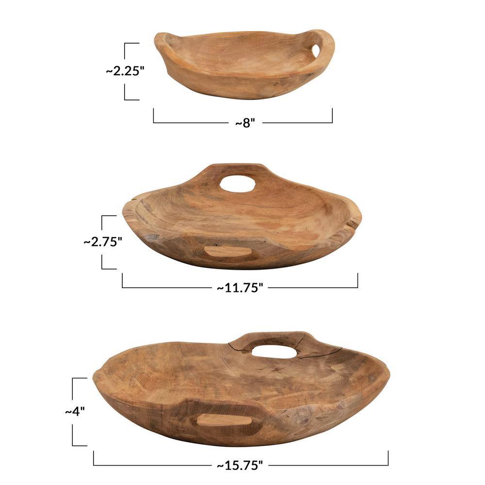 Hand-Carved Teak Wood Serving Bowls with Handles, Set of 3