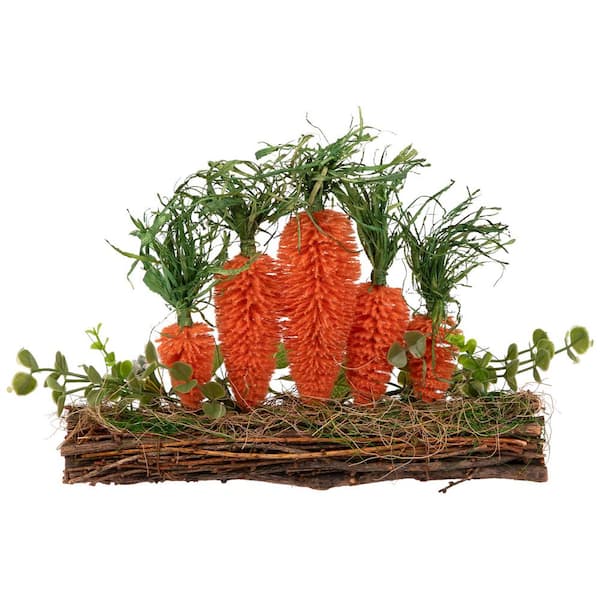 Standing Carrots on Floral Foliage Twig Log Easter Decoration-11.75 in.