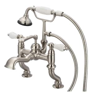 3-Handle Claw Foot Tub Faucet with Labeled Porcelain Lever Handles and Handshower in Brushed Nickel