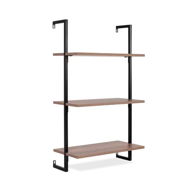 Madera 40.55 in. Tall Classic Industrial 3-Shelf Wood Wall-Mounted Open Ladder Bookcase with Metal Frame, Brown/Black
