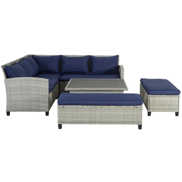 Tenleaf 6-Piece Gray Wicker Outdoor Patio Sectional Sofa Conversation Set with Blue Cushions, Coffee Table with Lift Function