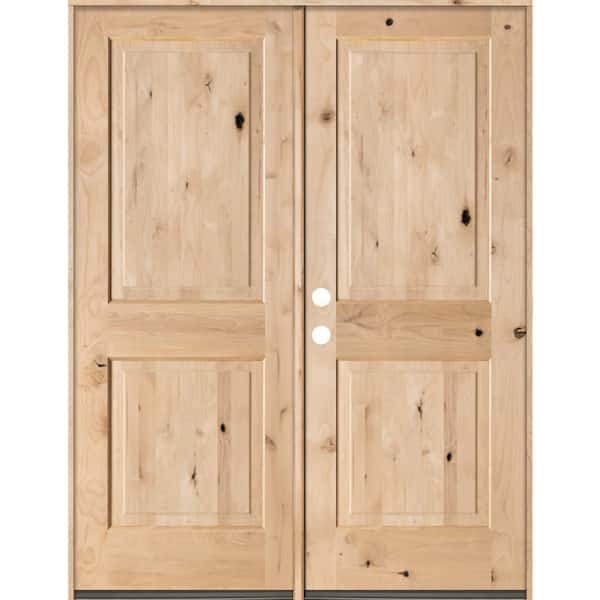 Krosswood Doors 64 in. x 80 in. Rustic Knotty Alder 2-Panel Square Top Unfinished Right-Hand Inswing Wood Double Prehung Front Door