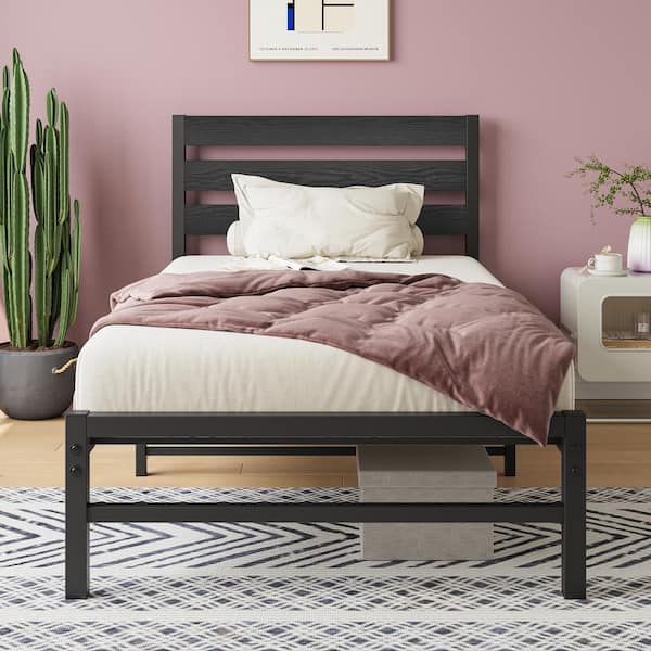 Black Metal Frame Twin Size Platform Bed with Rustic Vintage Black Wooden Headboard, No Box Spring Needed