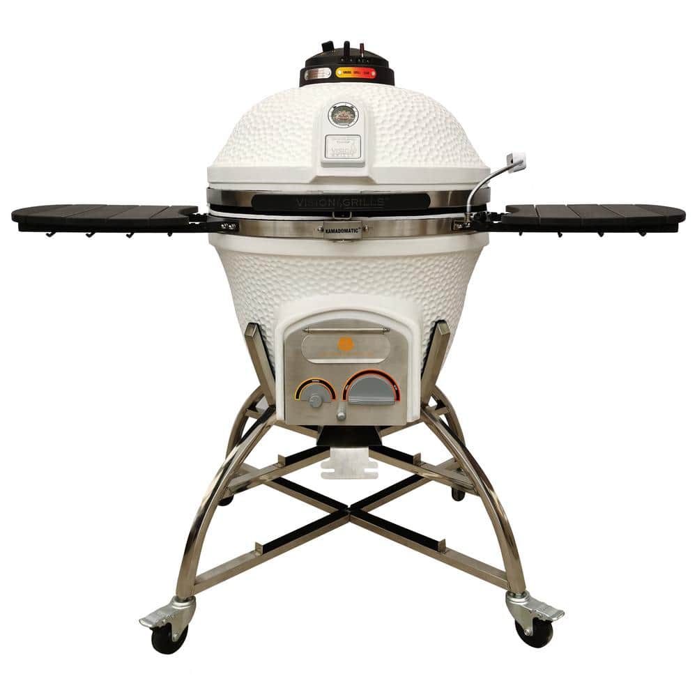 Vision Grills 24 in. Kamado XD702 Ceramic Charcoal Grill in White with Cover, Storage Cart, Shelves, Lava Stone, Ash Drawer -  XD-702WC