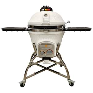24 in. Kamado XD702 Ceramic Charcoal Grill in White with Cover, Storage Cart, Shelves, Lava Stone, Ash Drawer