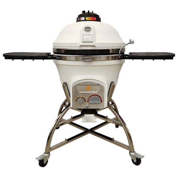 Vision Grills 24 in. Elite Series XD702 Maxis Ceramic Charcoal Kamado in White with Grill Cover