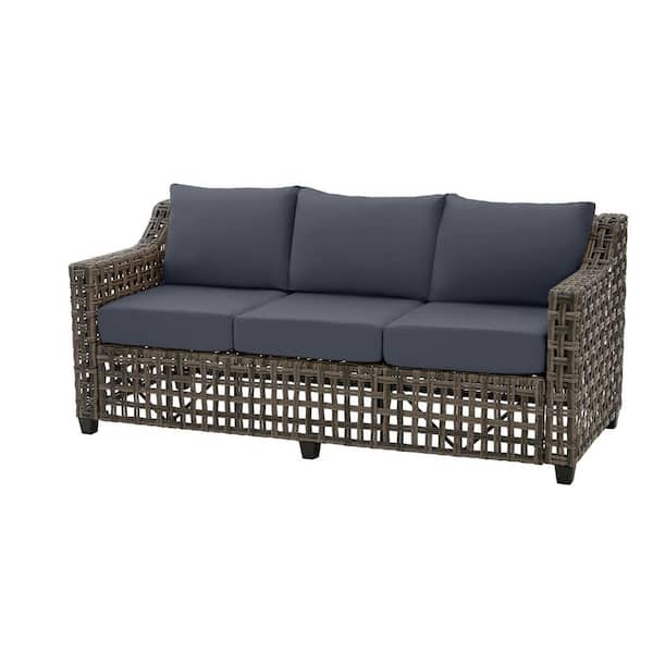 Hampton Bay Briar Ridge Brown Wicker Outdoor Patio Sofa with CushionGuard Sky Blue Cushions