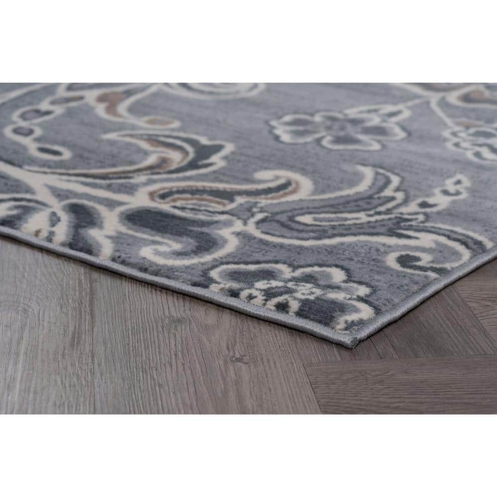 Gray Floral Reversible Synthetic Runner Rug, 2' x 10'