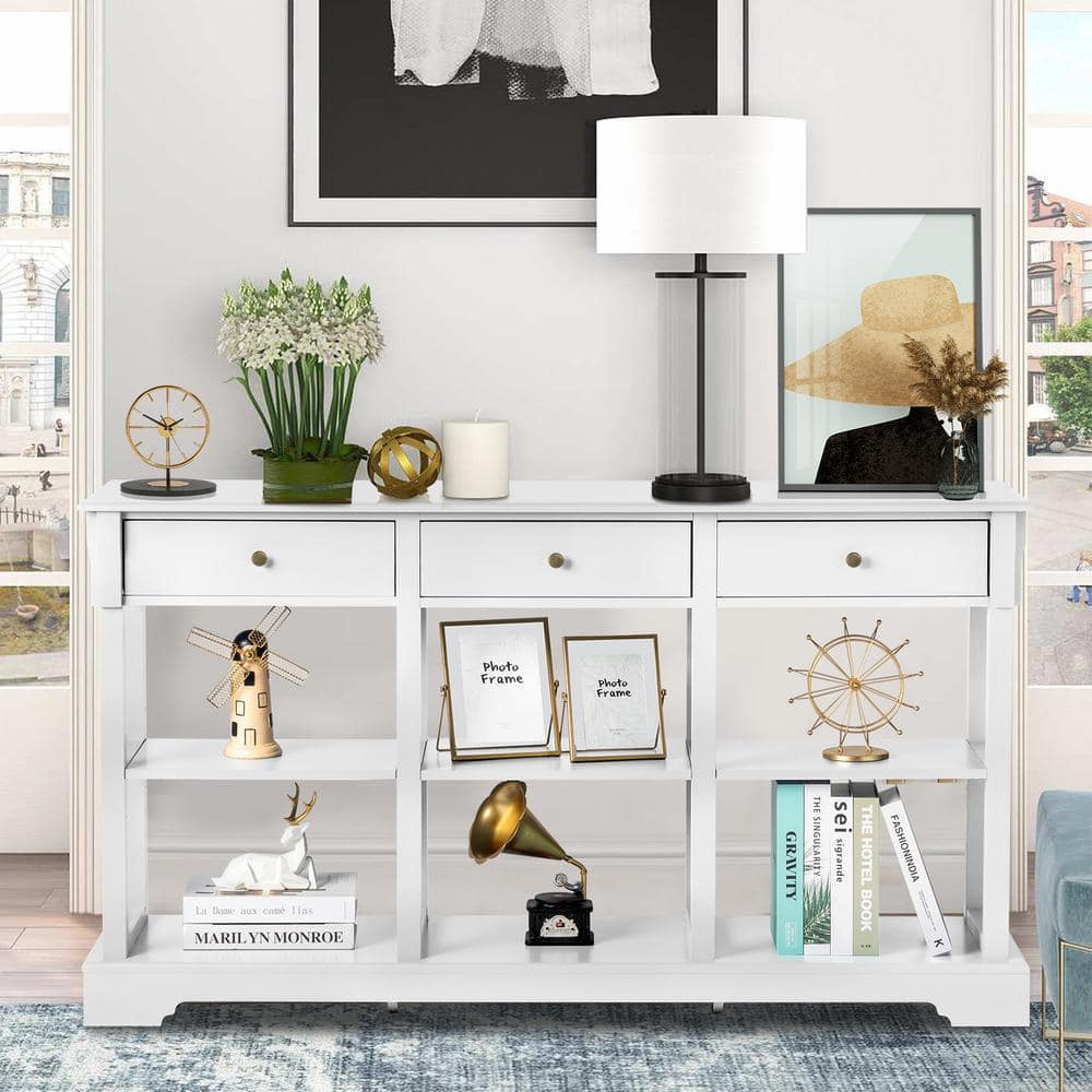 58.2 in. White Rectangle MDF Console Table with 3-Drawers