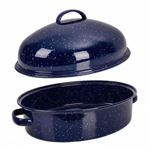 18 qt. Dark Blue and White Enamel Carbon Steel Oven Safe Oval