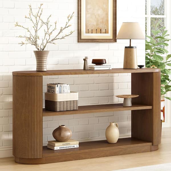 Harper & Bright Designs 58.9 in. Brown Oval Modern Entryway Wood Console Table with Open Shelf and Elegant Wood Grain