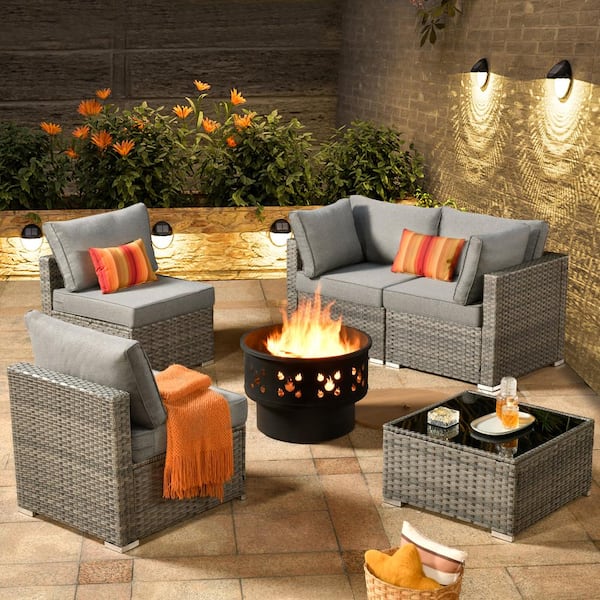 OVIOS Hippish Gray 6-Piece Wicker Patio Wood Burning Fire Pit ...