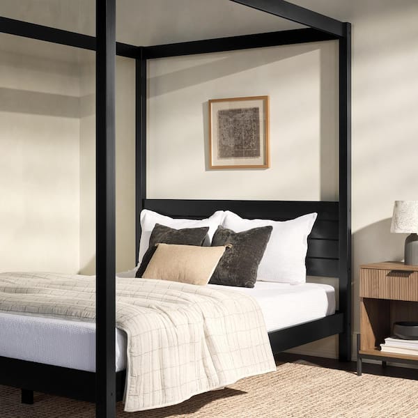 Minimalist Black Wood Frame Queen Plank Canopy Bed