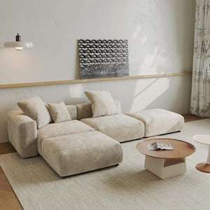 129.92 in. Square Arm Corduroy Velvet 4-Pieces Modular Free Combination Sectional Sofa with Ottoman in Beige