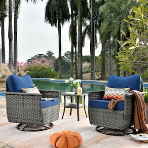 Fortune Dark Gray 3-Piece Wicker Outdoor Patio Conversation Set with Navy Blue Cushions and Swivel Chairs